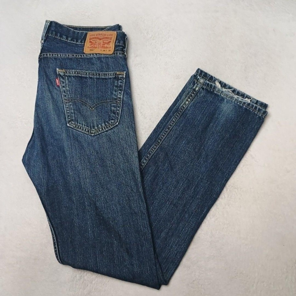 Levis 505 Jeans Mens 34x36 Blue Straight Medium Wash Denim 5-Pocket Distressed